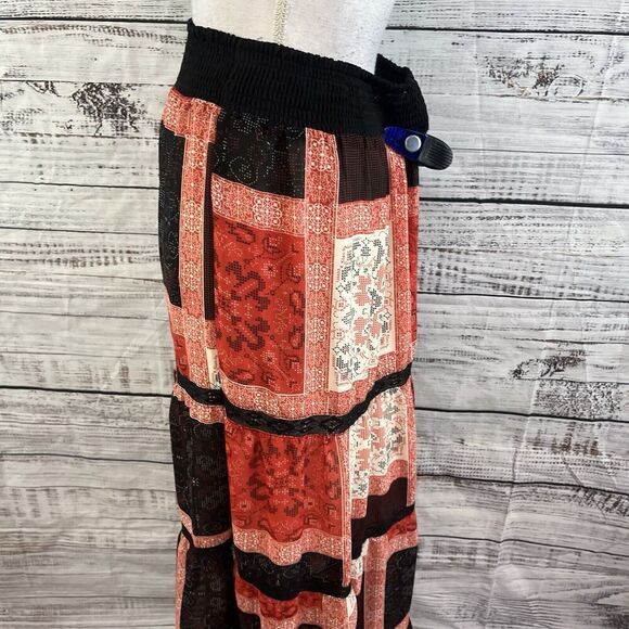 Langer Skirt sz Medium Dark Red Black Tiered Boho Lace Long Maxi Peasant Modest - Picture 11 of 14